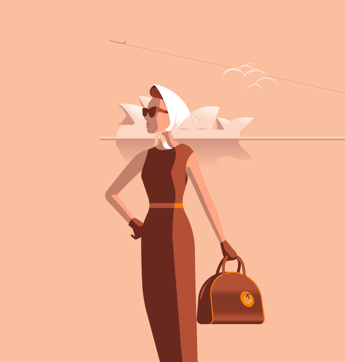 Illustration of a woman in a dress holding a purse, with the Sydney Opera House and sky in the background, depicted in a stylized manner.