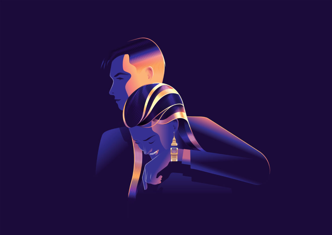 Illustration of a stylish couple in dark blue and golden hues, the woman with a large clock earring, in a modern design.