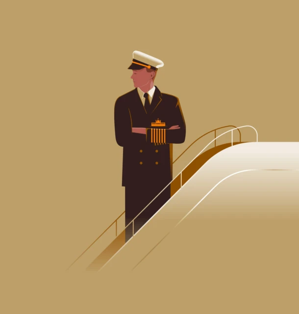 Illustration of a ship captain in uniform with arms crossed, standing on a ship deck against a tan background.