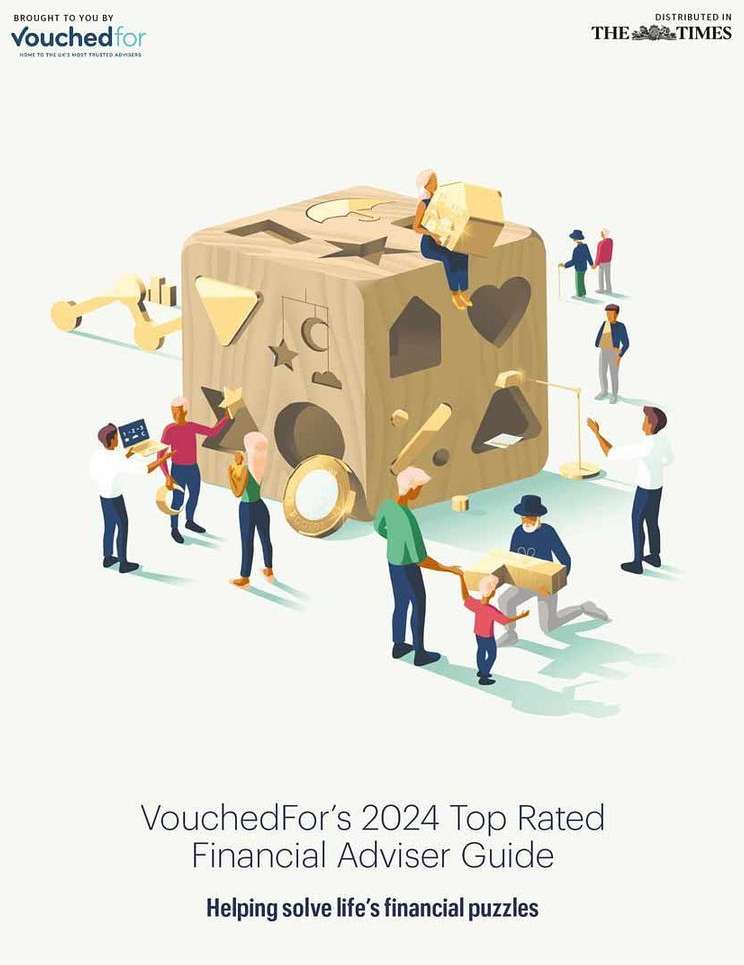 Illustration of miniature people interacting with a large wooden block puzzle, set against a clean white background, accompanied by text.