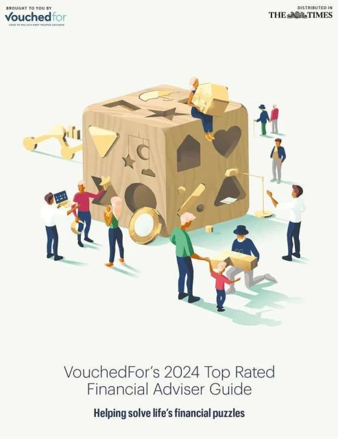 Illustration of miniature people interacting with a large wooden block puzzle, set against a clean white background, accompanied by text.