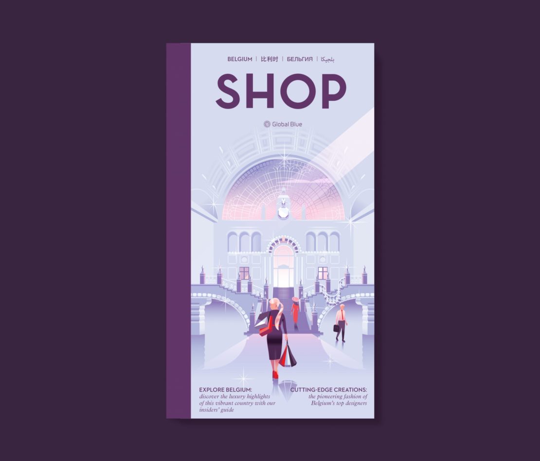 Illustration of people in a shopping center in Belgium, with 'Shop' text at the top and light purple, white, and purple color scheme.
