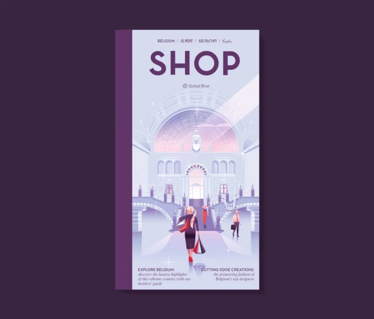 Illustration of people in a shopping center in Belgium, with 'Shop' text at the top and light purple, white, and purple color scheme.