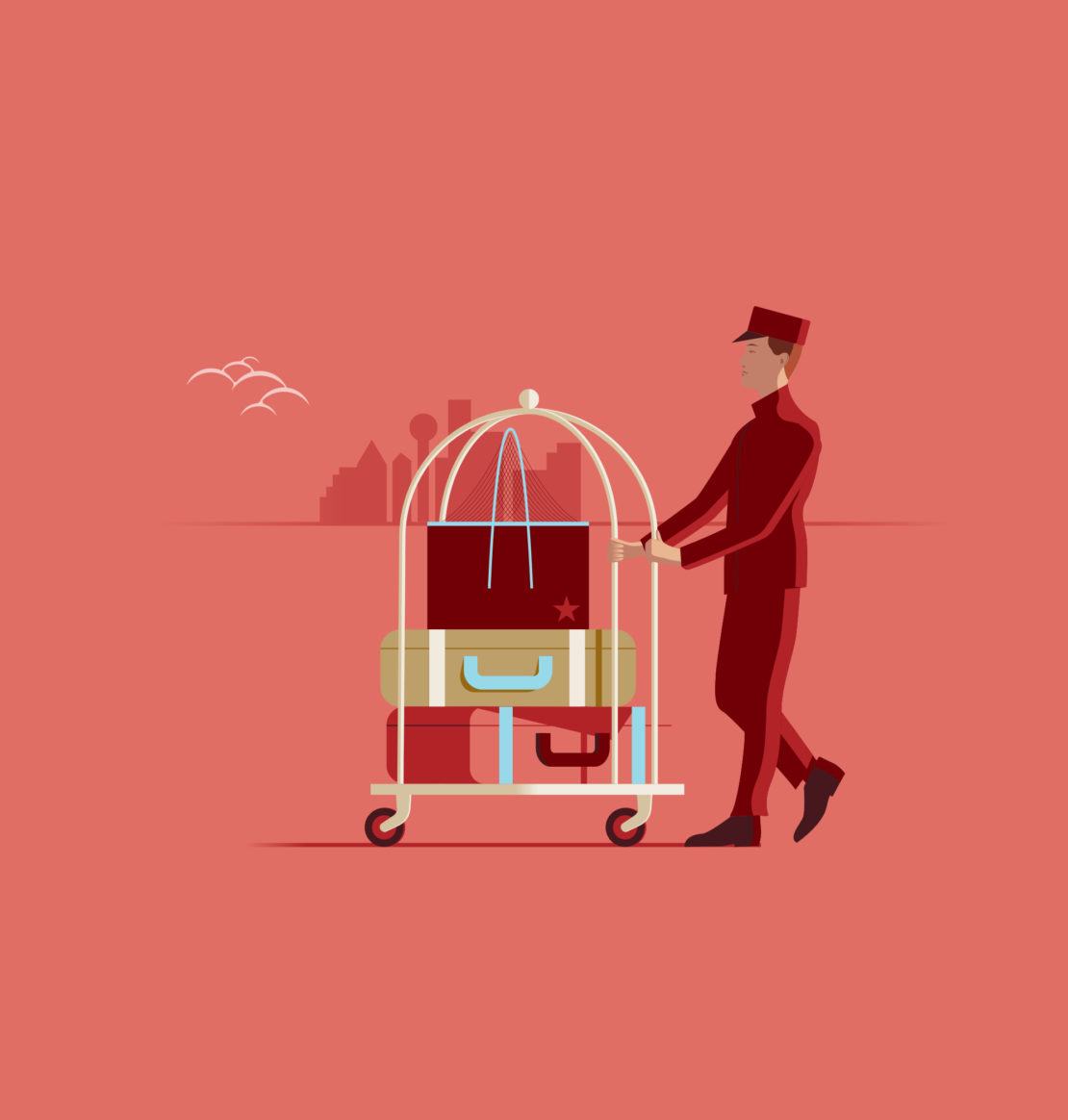 Illustration of hotel bellhop pushing luggage cart with suitcases against a city skyline background in a flat vector style.