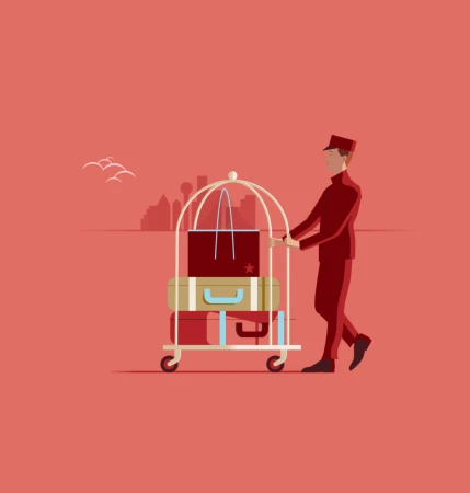 Illustration of hotel bellhop pushing luggage cart with suitcases against a city skyline background in a flat vector style.