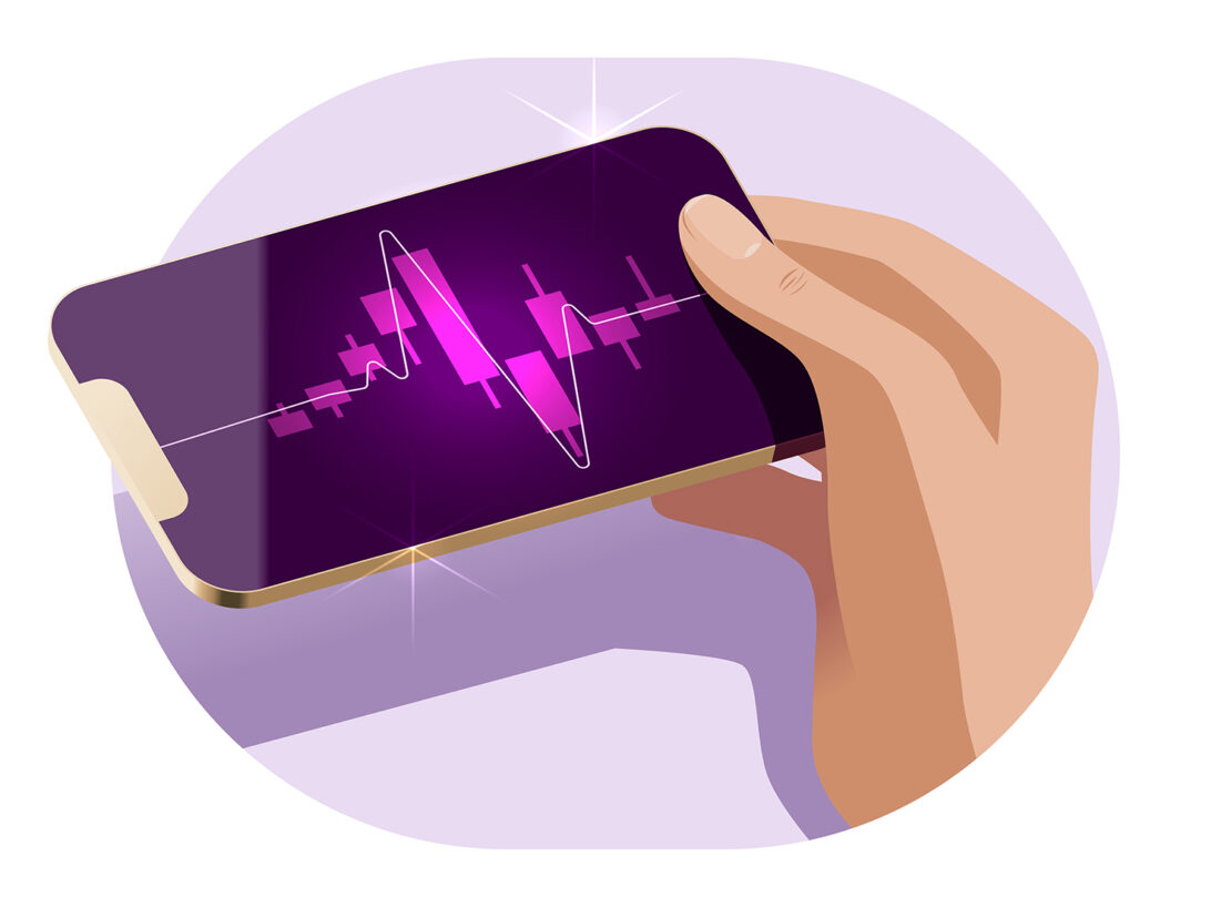 Illustration of a hand holding a smartphone displaying a stock market chart on a purple background with sparkling effects.