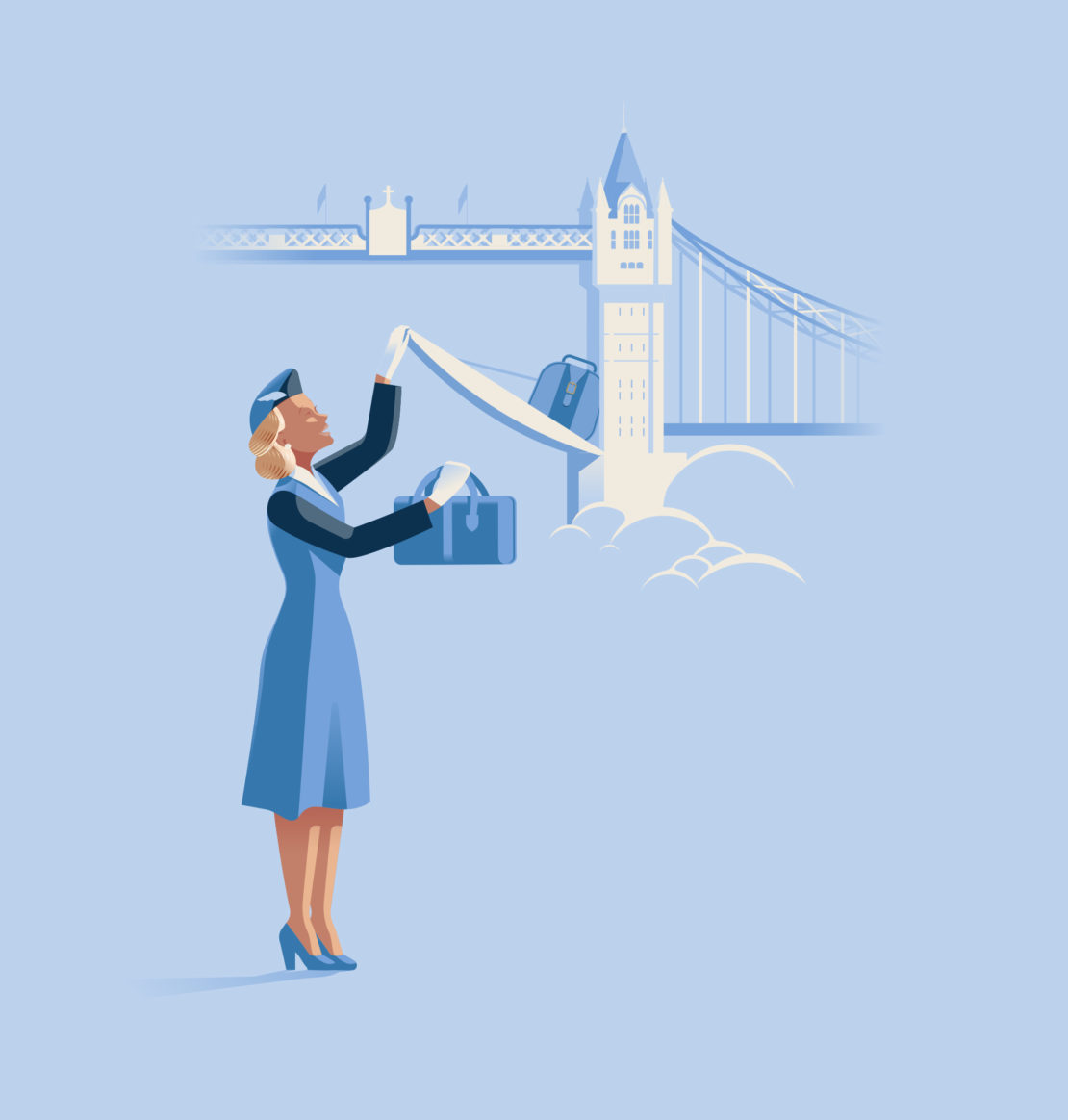 Illustration of a flight attendant in uniform near Tower Bridge, holding travel documents, in a clean, sky blue vector graphic.