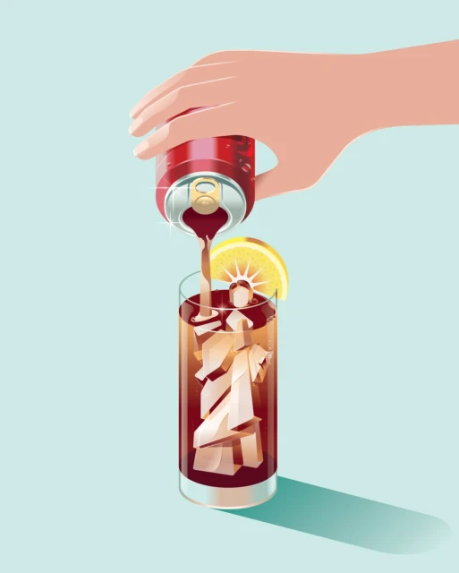 Illustration of a hand pouring dark beverage from a can into a glass with ice, garnished with a lemon slice, against a light blue background.