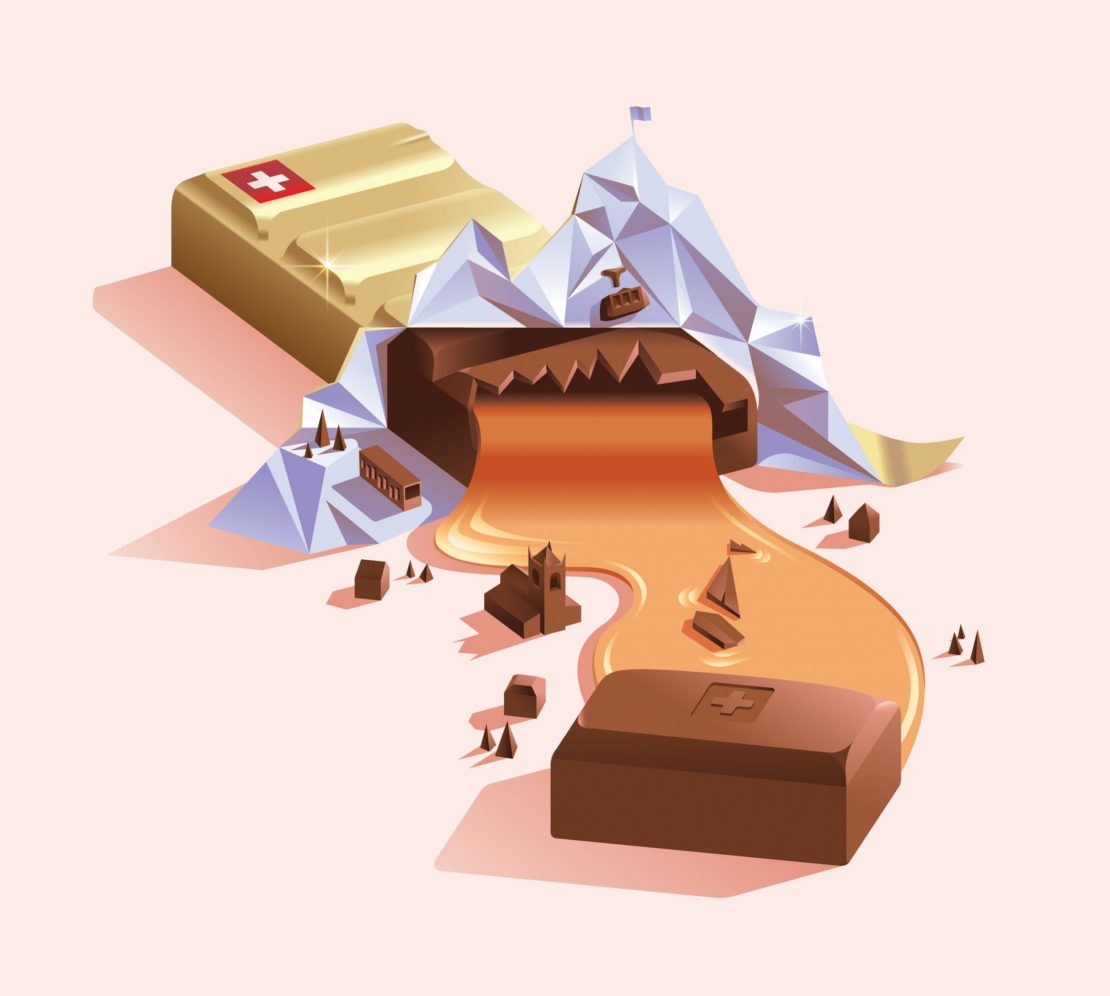 Isometric vector graphic of a landscape featuring a chocolate bar and chocolate river with snow-capped mountains in the background.