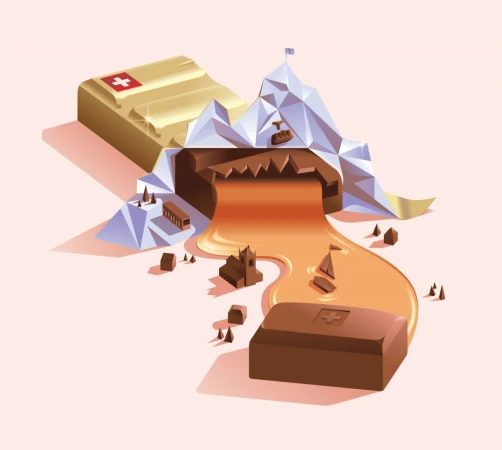 Isometric vector graphic of a landscape featuring a chocolate bar and chocolate river with snow-capped mountains in the background.