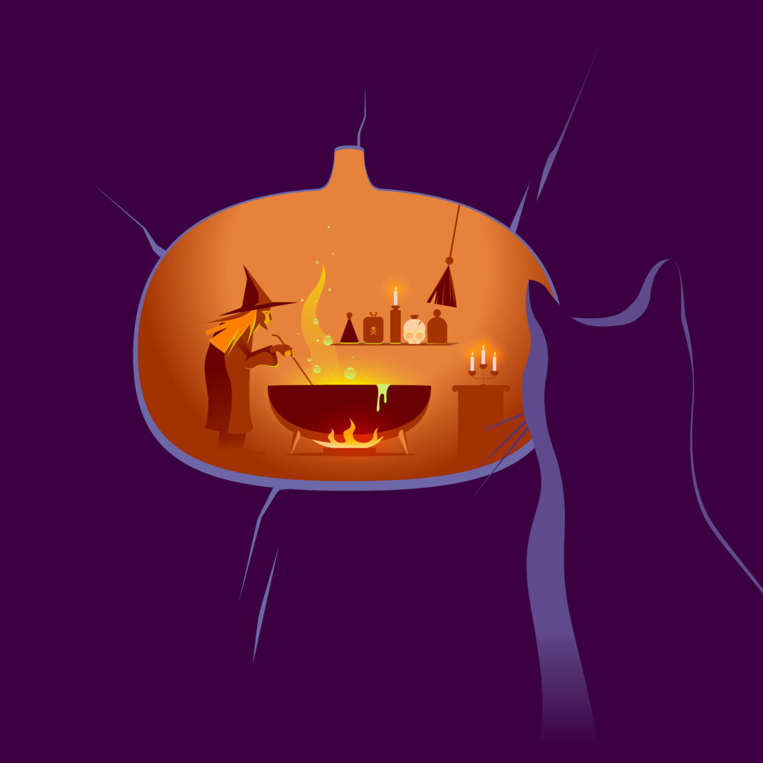 Illustration of a witch stirring a cauldron in a pumpkin-shaped room, viewed from the outside by a large black cat silhouette.