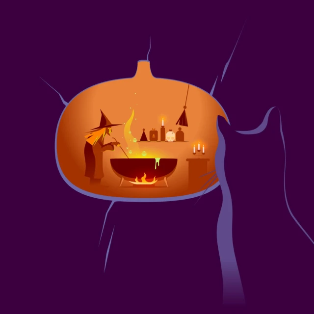 Illustration of a witch stirring a cauldron in a pumpkin-shaped room, viewed from the outside by a large black cat silhouette.