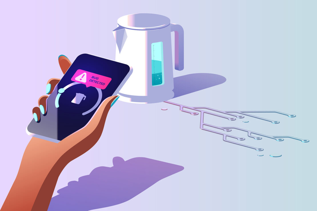 Illustration of a hand holding a smartphone displaying a 'Bug Detected' message, with an electric kettle and circuit board pattern.