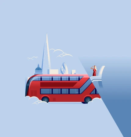 Illustration of a red double-decker bus in London, featuring the Shard, St. Paul's Cathedral, and a female passenger enjoying the view.