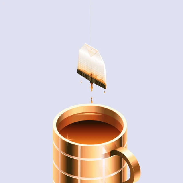 Illustration of a tea bag dripping into a full copper-colored mug against a plain lilac background. The image is vertically oriented.