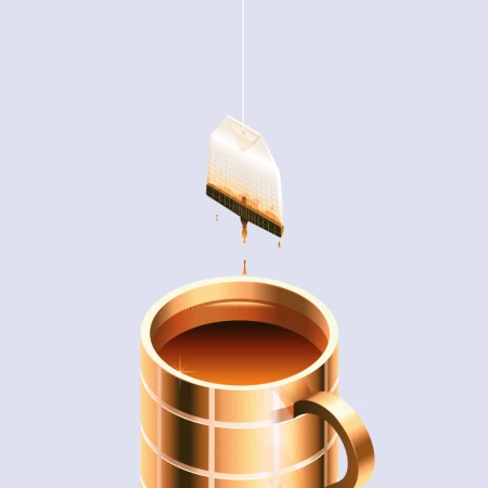 Illustration of a tea bag dripping into a full copper-colored mug against a plain lilac background. The image is vertically oriented.