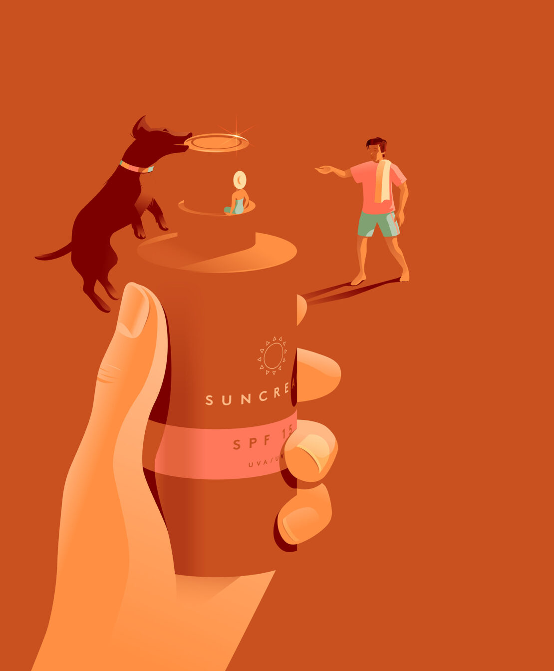 Illustration of a hand holding sunscreen with a dog catching a frisbee and a person near a miniature swimmer in a pool.