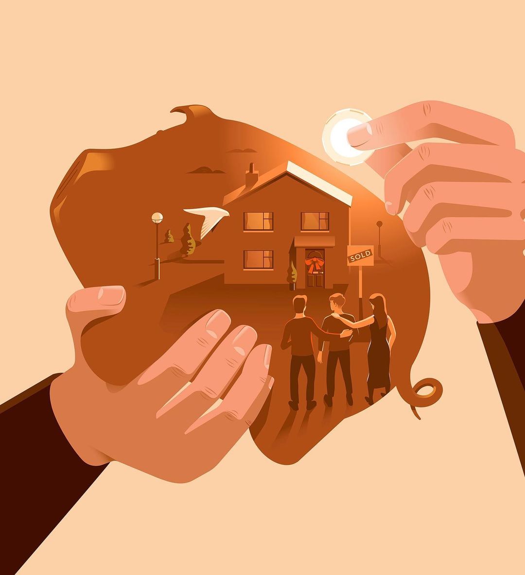 Illustration of cupped hands holding a scene with a house, family, and a sold sign, symbolizing home ownership and real estate.