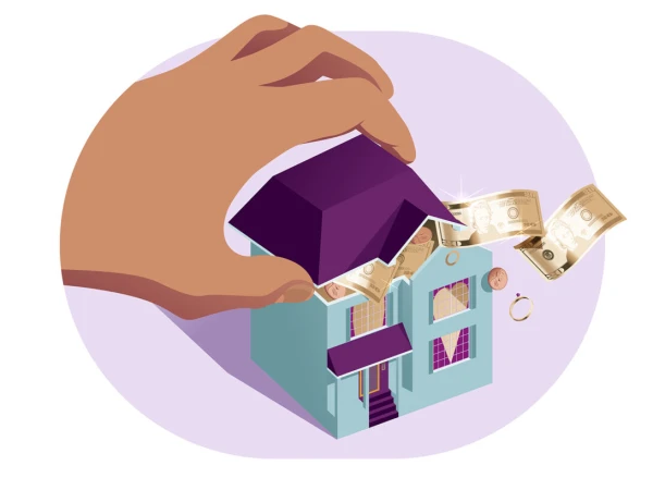 Conceptual illustration of a hand holding a house with cash flowing out, suggesting financial strain or property value loss.