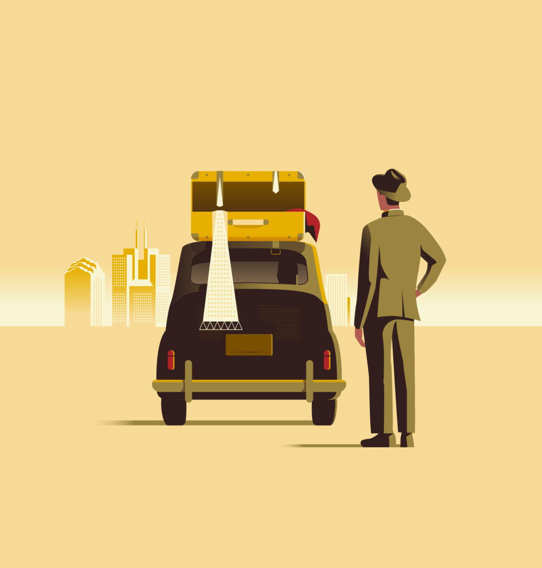 Illustration of a dark car with yellow luggage on the roof, and a man in a suit standing next to it, with city buildings in the background.