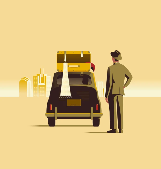 Illustration of a dark car with yellow luggage on the roof, and a man in a suit standing next to it, with city buildings in the background.