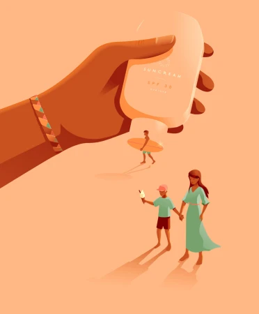 Illustration of a large hand holding a sunscreen bottle on a beach with people, including a family and a surfer.