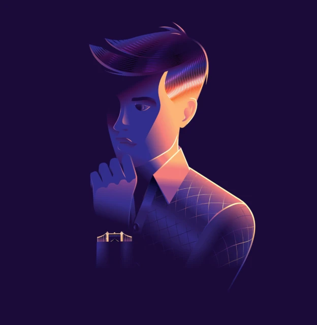 Illustration of a pensive person with hand to chin, artistic graphic style, set against a gradient background, featuring architectural motif.