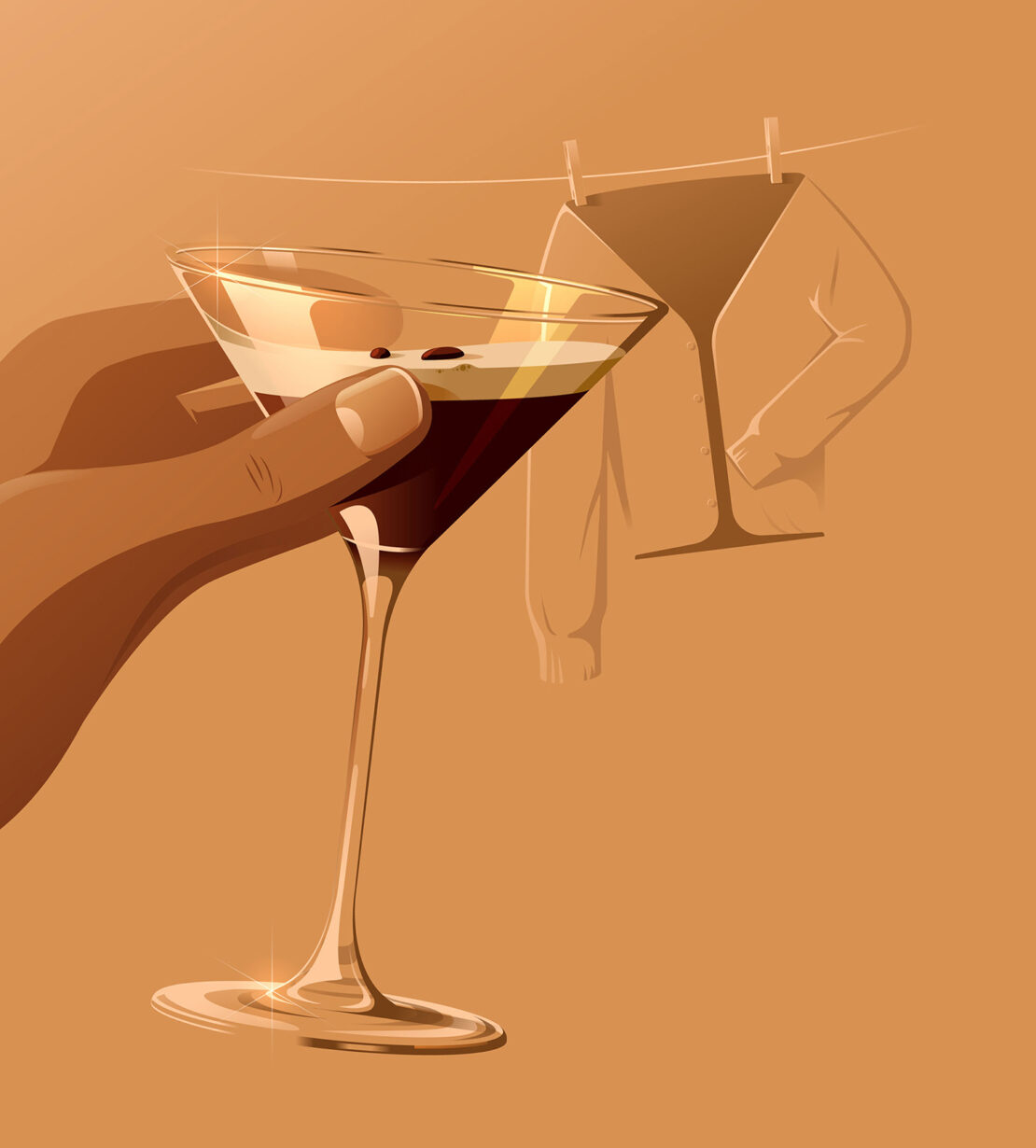 Illustration of a hand holding a martini glass with an espresso martini, another martini glass and sweater hang on a clothesline.