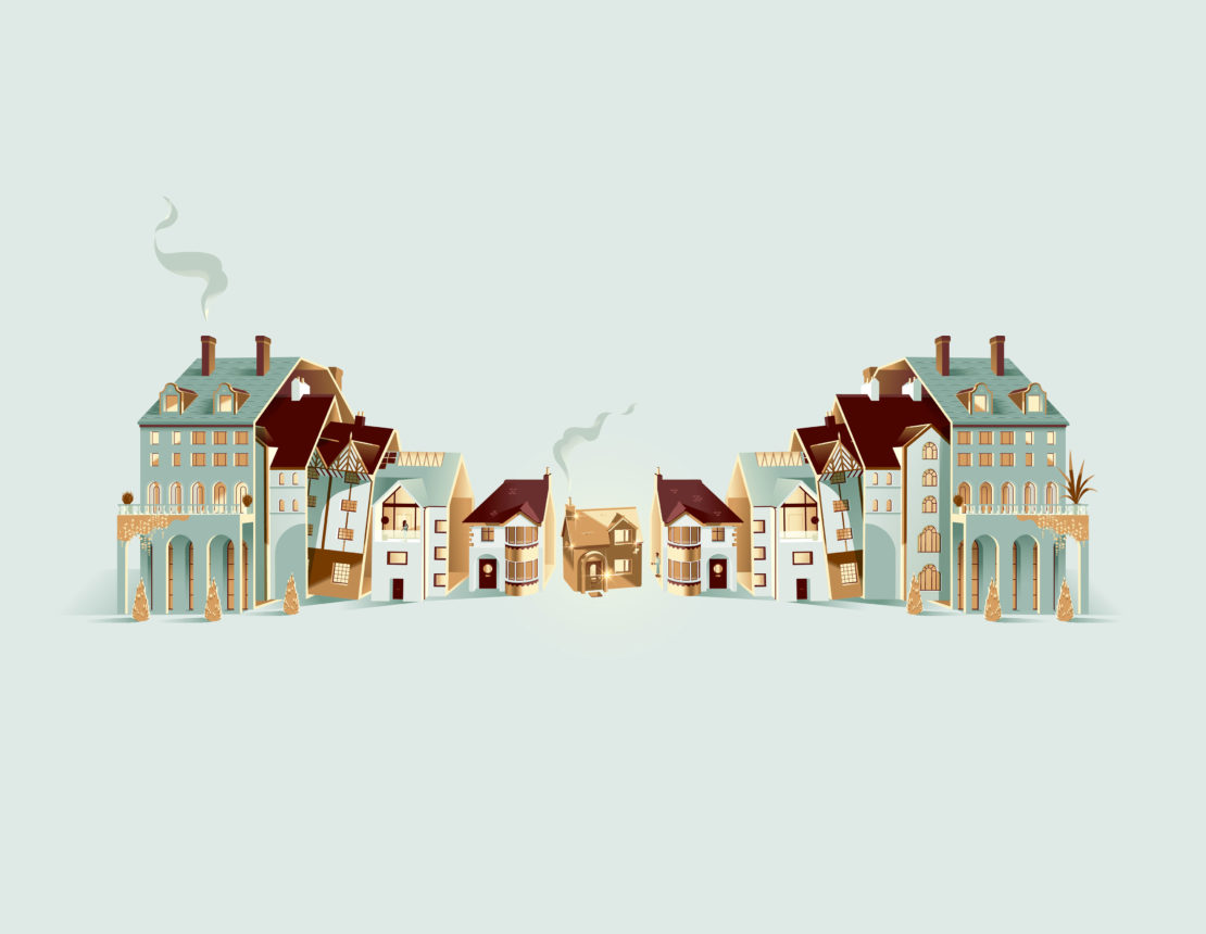 Whimsical illustration of colorful row houses and apartment buildings with smoking chimneys in a stylized, symmetrical composition.