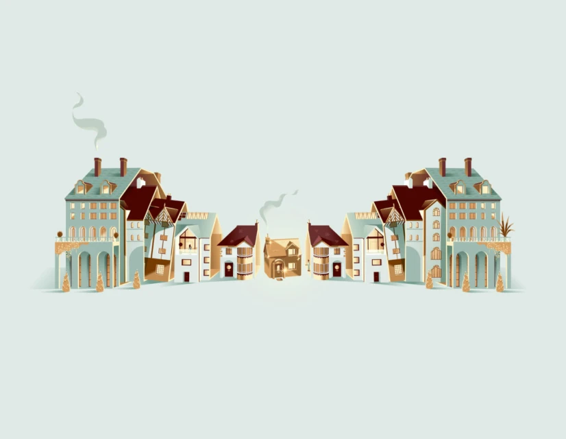 Whimsical illustration of colorful row houses and apartment buildings with smoking chimneys in a stylized, symmetrical composition.
