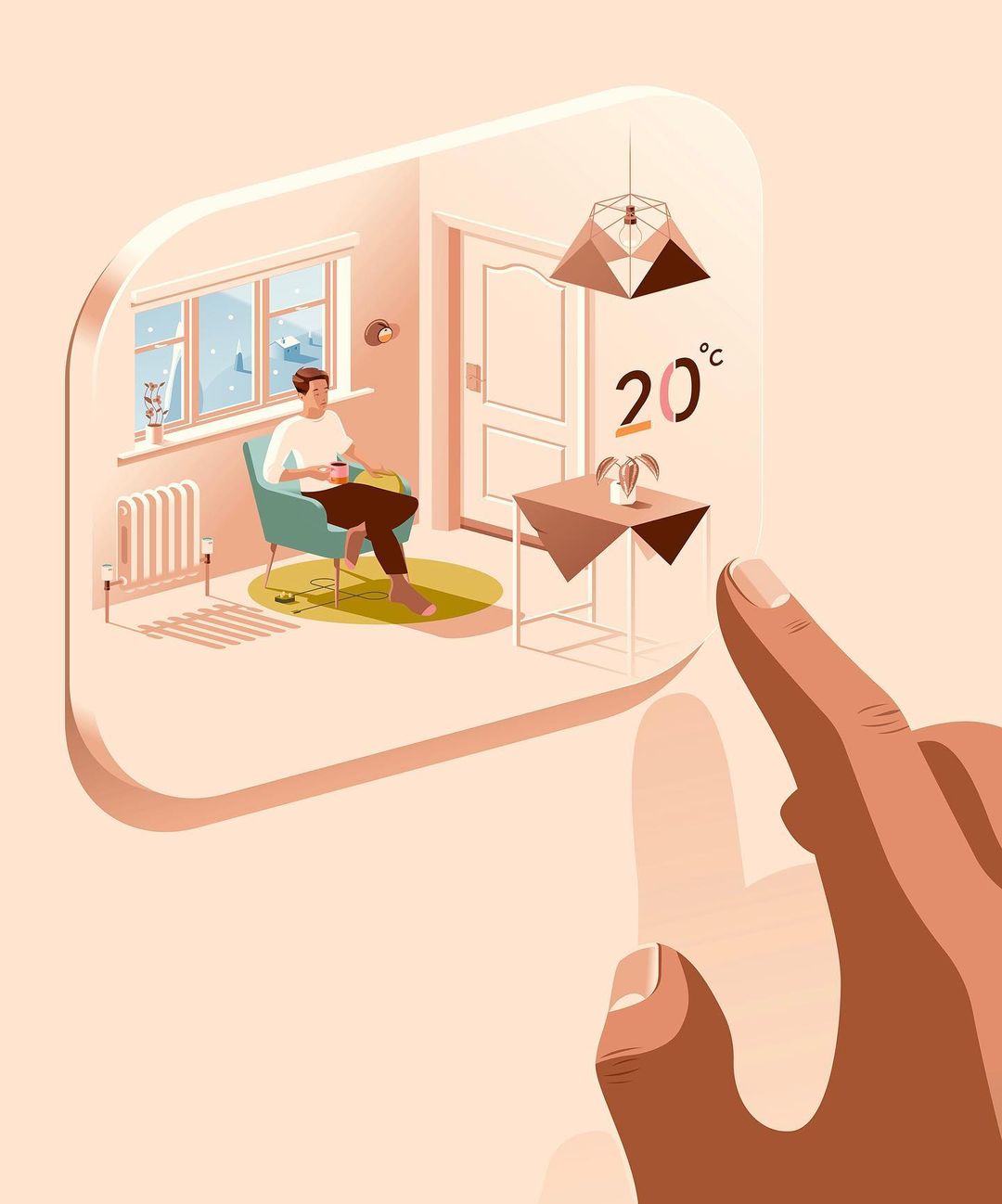Illustration of a person controlling a smart thermostat with a digital display showing an interior scene of someone relaxing indoors.
