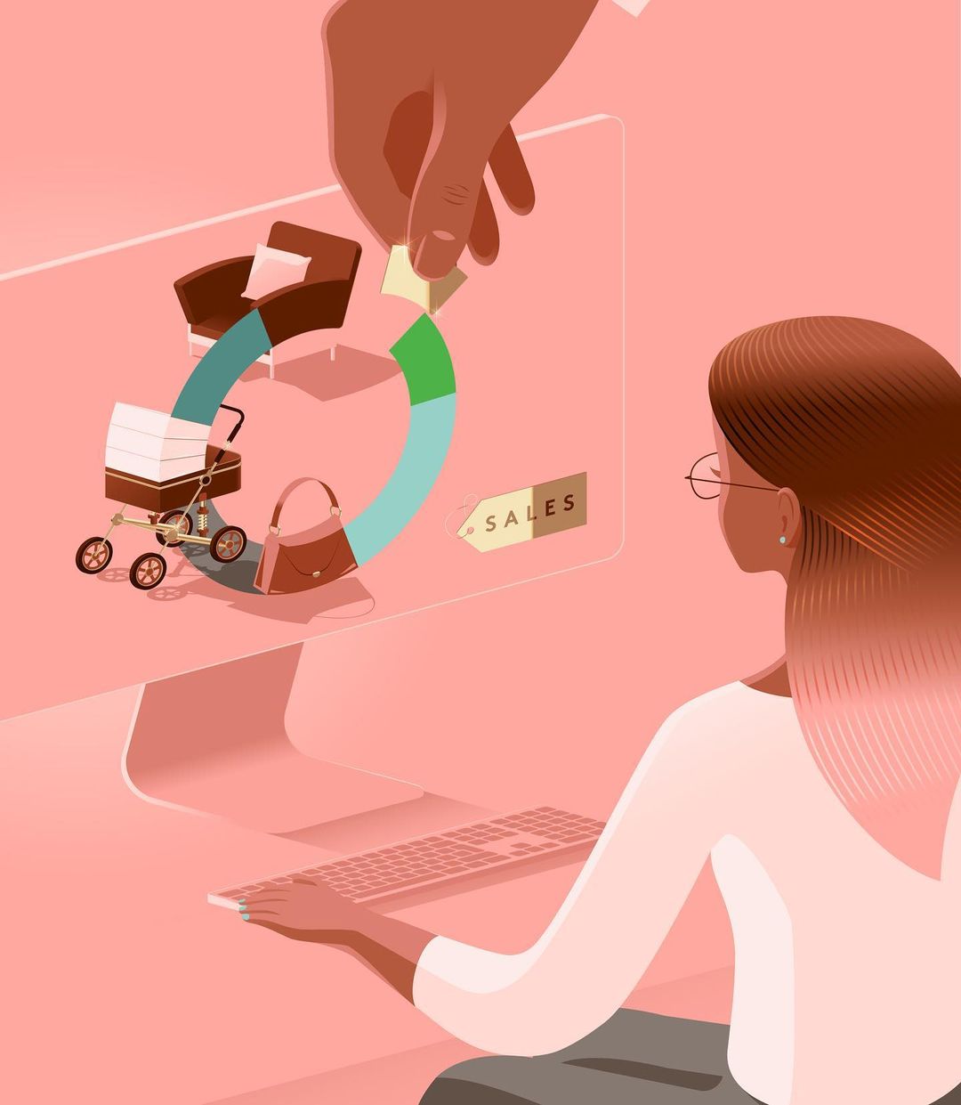 Illustration of a woman at a computer screen with a hand placing a cube on a sales chart showing furniture, baby stroller, and handbag.