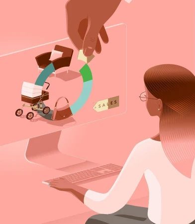 Illustration of a woman at a computer screen with a hand placing a cube on a sales chart showing furniture, baby stroller, and handbag.