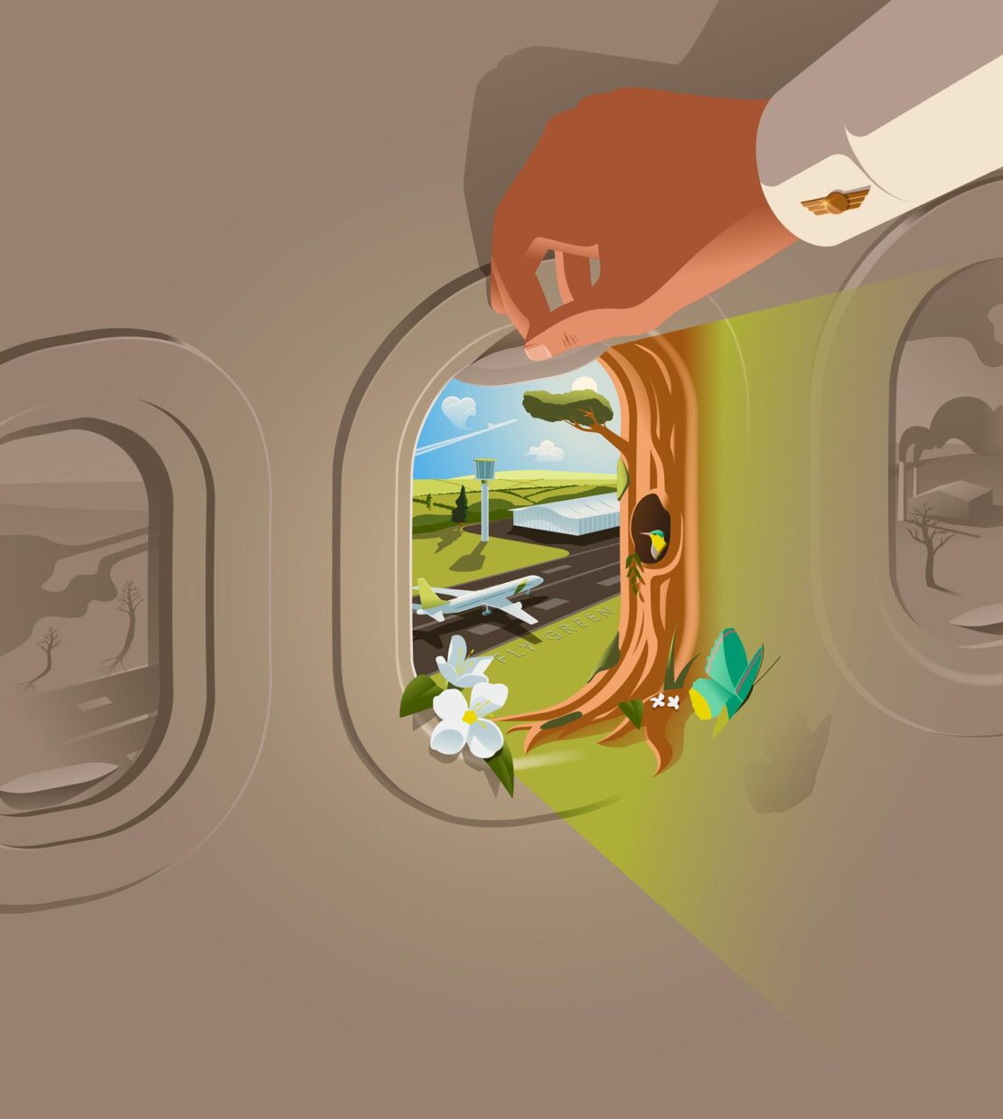 Conceptual illustration of an airplane window showing a tree trunk supporting an airport scene, with a butterfly and flowers.