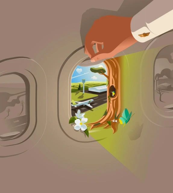 Conceptual illustration of an airplane window showing a tree trunk supporting an airport scene, with a butterfly and flowers.
