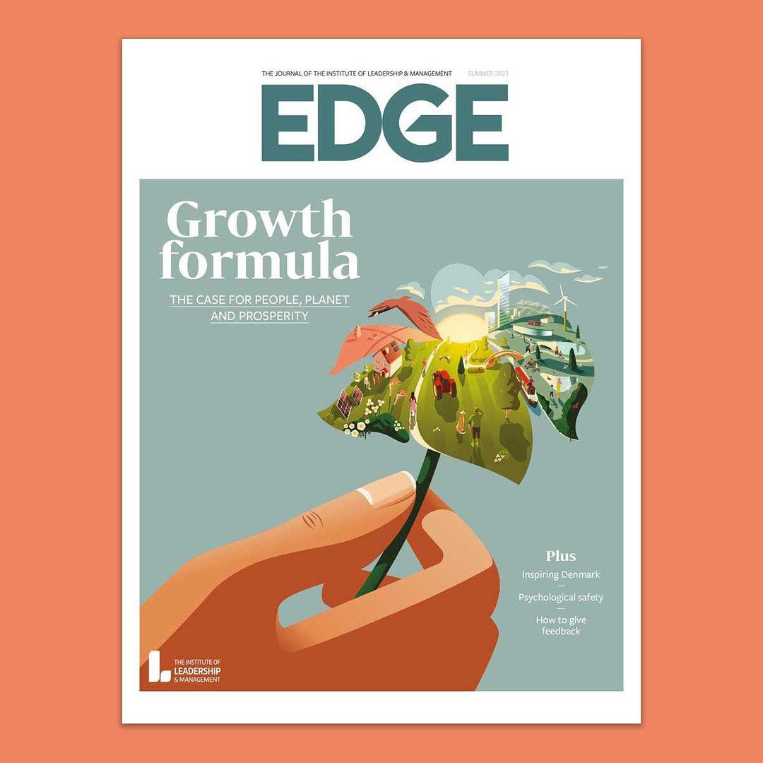 Magazine cover of EDGE featuring an illustration of a hand holding a leaf with a landscape inside it, on a peach background.