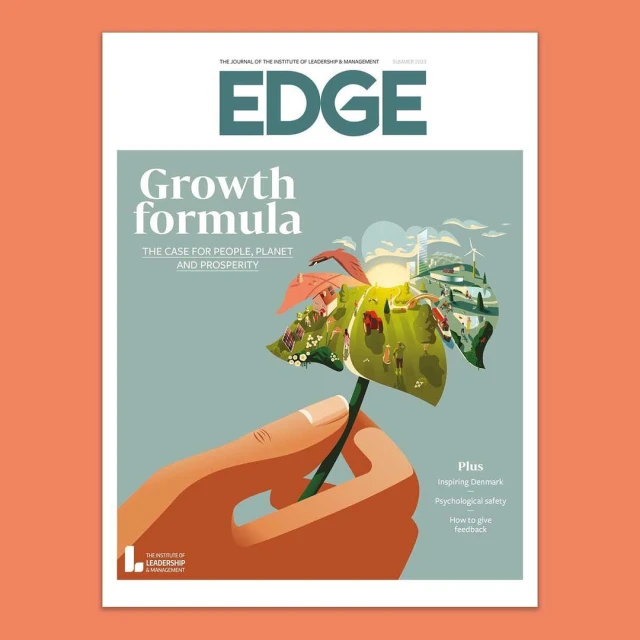 Magazine cover of EDGE featuring an illustration of a hand holding a leaf with a landscape inside it, on a peach background.