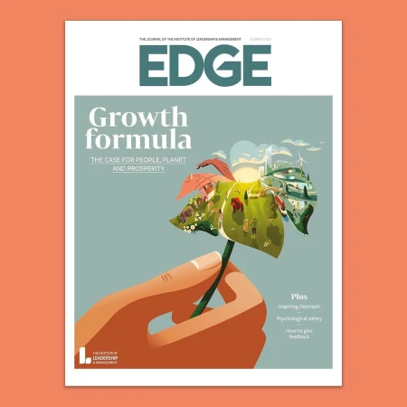 Magazine cover of EDGE featuring an illustration of a hand holding a leaf with a landscape inside it, on a peach background.