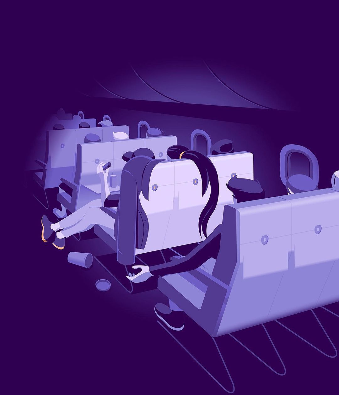 Illustration of airplane interior with several vacant rows of seating in violet hues and scattered cups and personal items.