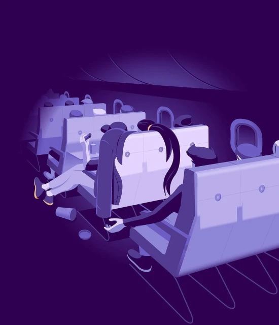 Illustration of airplane interior with several vacant rows of seating in violet hues and scattered cups and personal items.