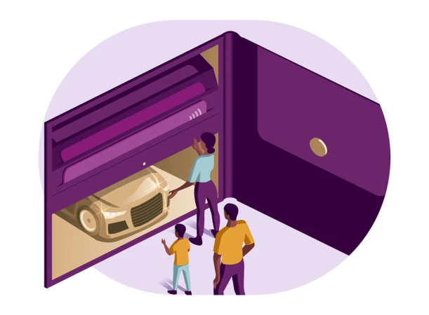 Isometric illustration of an open purple wallet housing a golden car and three figures looking on