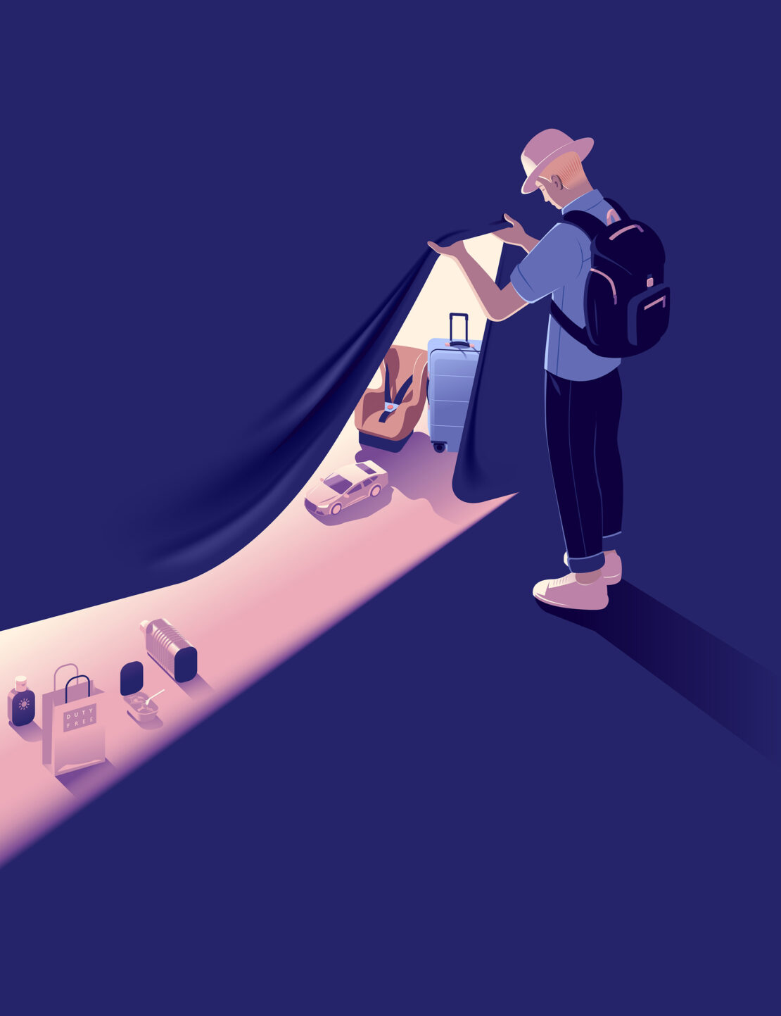 Illustration of an adult male opening a dark curtain to reveal luggage, car seat, and toy car in a brightly lit space.