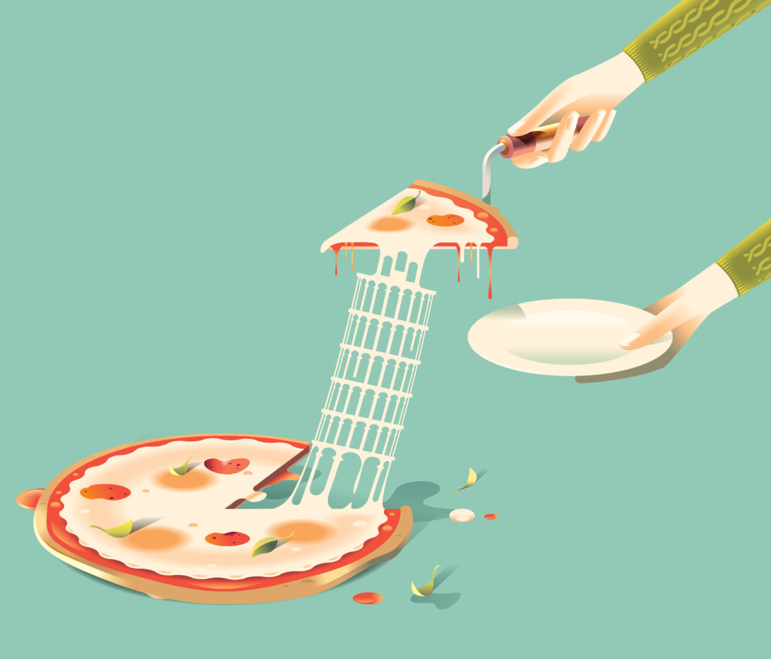 Conceptual illustration of a pizza with a slice removed and the Leaning Tower of Pisa made of cheese and held by hands.