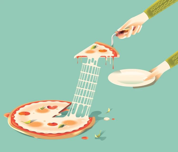 Conceptual illustration of a pizza with a slice removed and the Leaning Tower of Pisa made of cheese and held by hands.