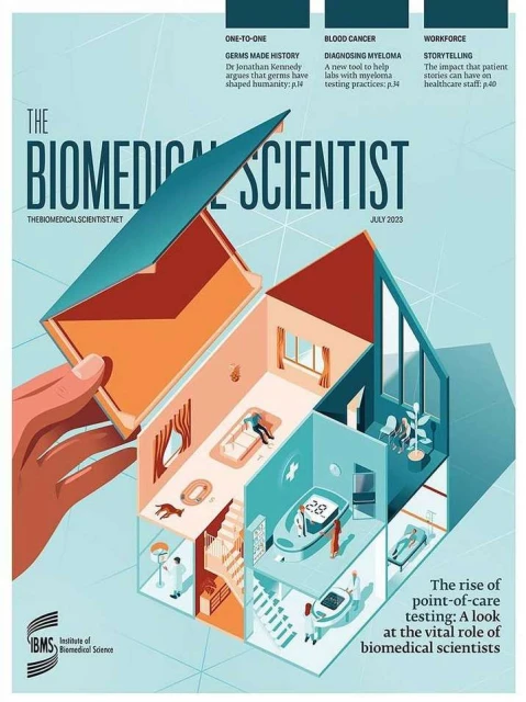 Magazine cover illustration of open-book house interior, featuring hospital patient and medical settings; 'The Biomedical Scientist' July 2023.