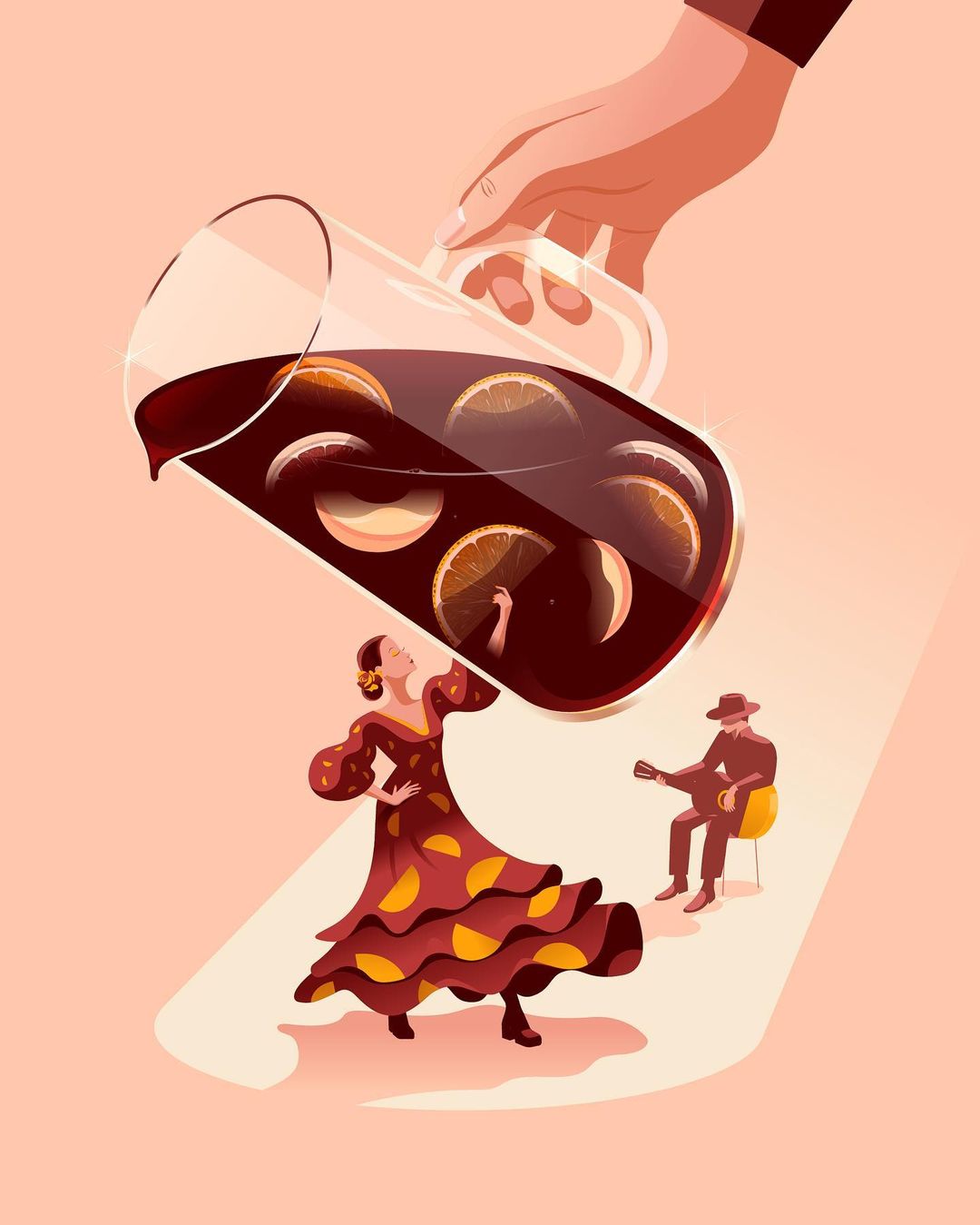 Illustration of woman in flamenco dress dancing, guitarist in background, and hand pouring drink with orange slices.