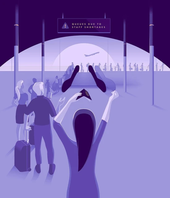 Illustration of travelers at an airport dealing with staff shortages, featuring people, luggage, airport terminal, and an airplane.