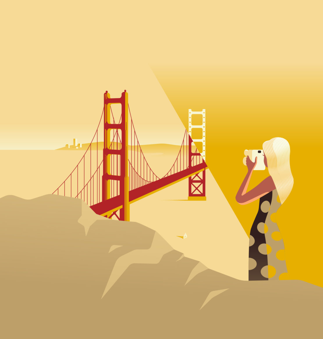 Golden Gate Bridge illustration: A woman photographs San Francisco's Golden Gate Bridge from a vantage point with foreground rocks.