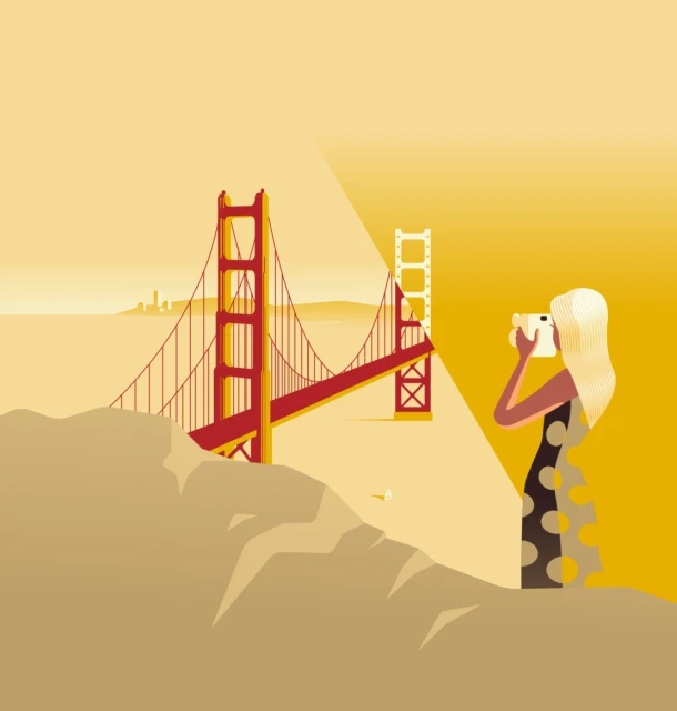 Golden Gate Bridge illustration: A woman photographs San Francisco's Golden Gate Bridge from a vantage point with foreground rocks.
