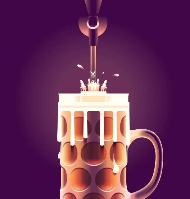 Stylized vector graphic of a beer mug with the Brandenburg Gate as the foam, beer tap above on a dark purple background.
